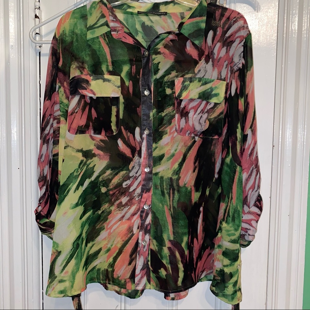 Colorful sheer button down blouse 2x
